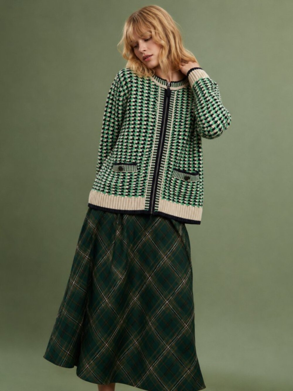 Olsen L Cotton Cardigan Chunky Knit Green Zip Preppy Y2K Cottagecore Boho